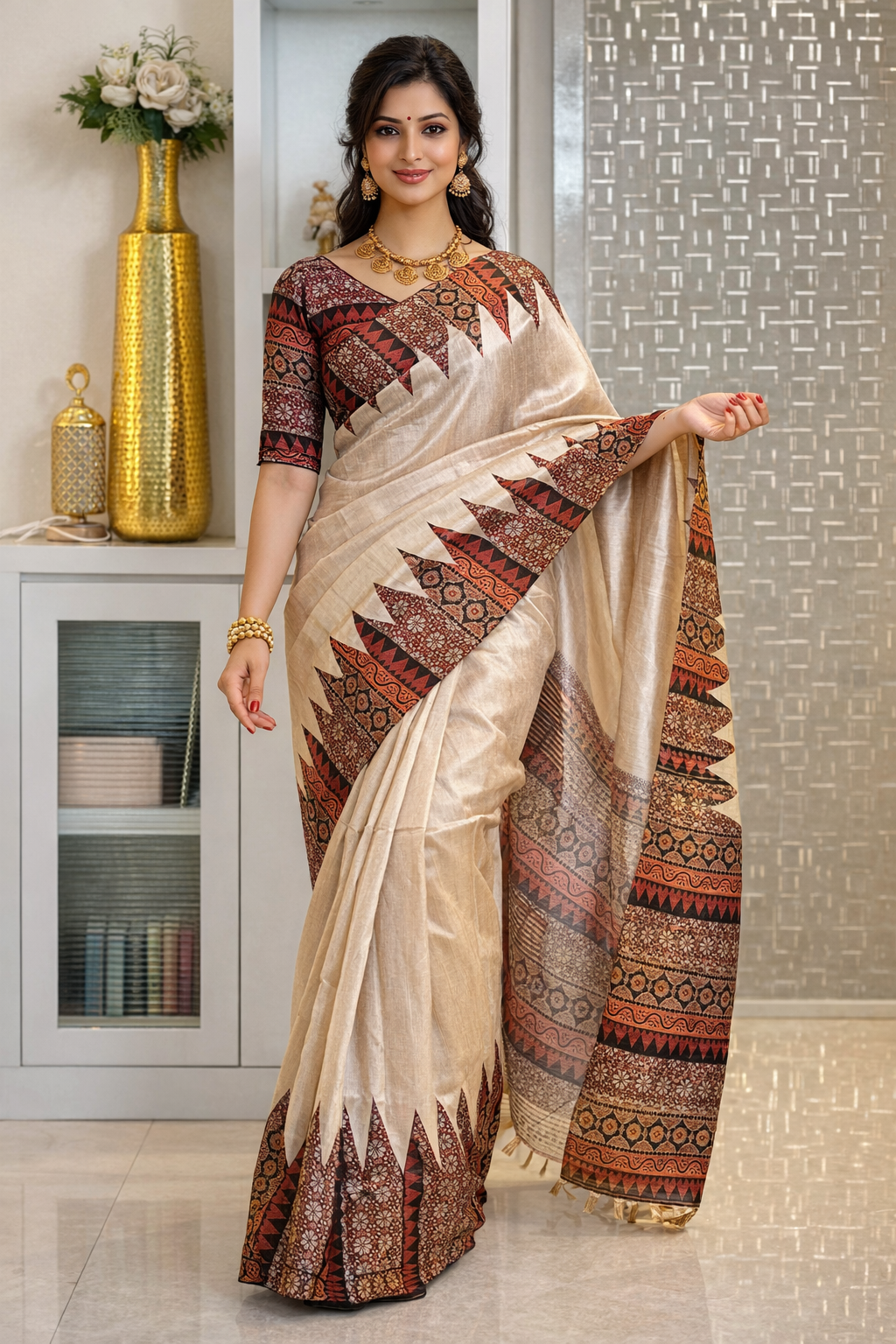 Soft Tussar Silk sarees with Beautiful Print With Attractive Pallu And Contrast Print Blouse With Tassels