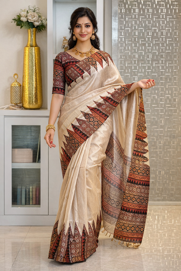 Soft Tussar Silk sarees with Beautiful Print With Attractive Pallu And Contrast Print Blouse With Tassels
