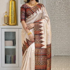 Soft Tussar Silk sarees with Beautiful Print With Attractive Pallu And Contrast Print Blouse With Tassels