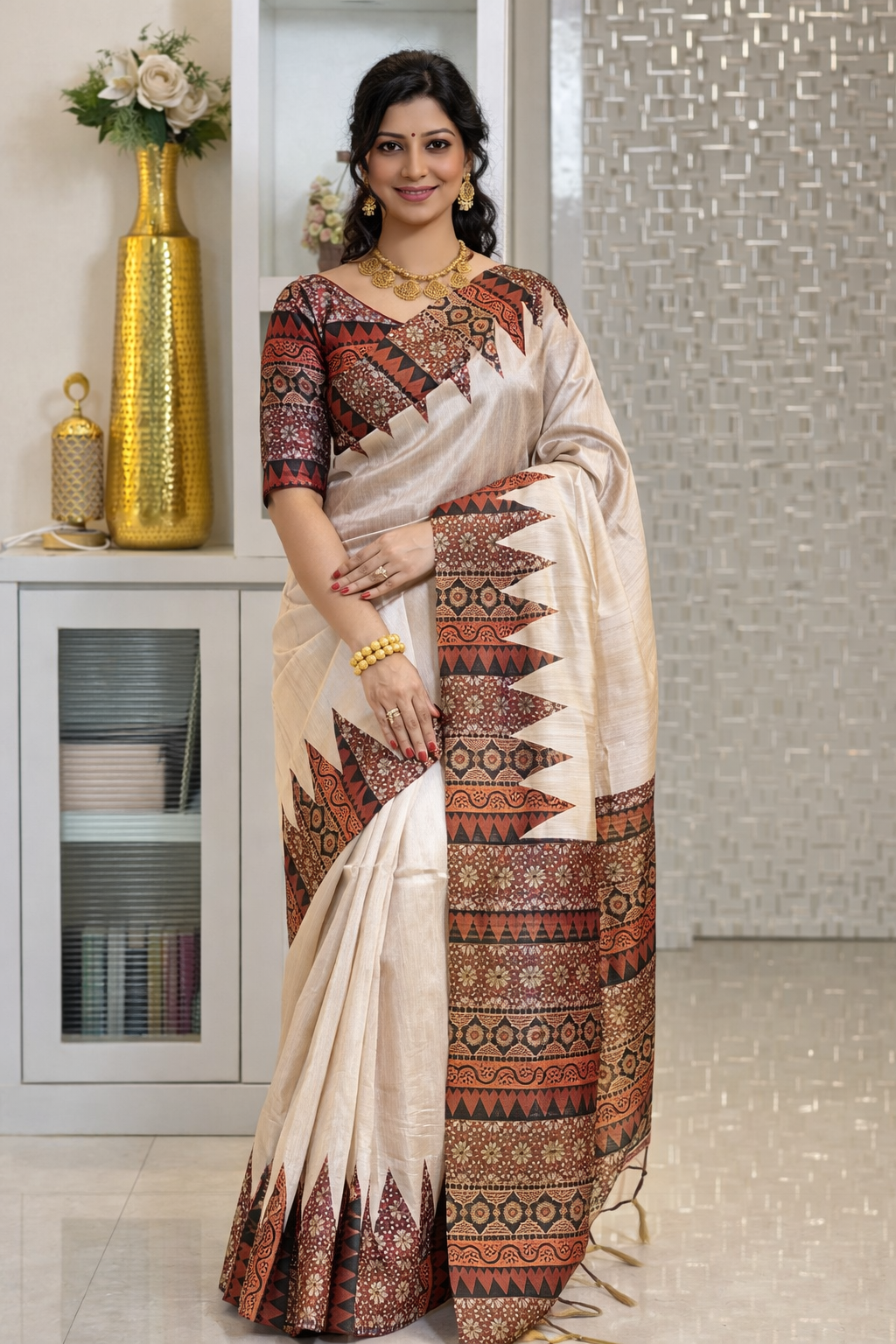 Soft Tussar Silk sarees with Beautiful Print With Attractive Pallu And Contrast Print Blouse With Tassels