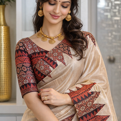 Soft Tussar Silk sarees with Beautiful Print With Attractive Pallu And Contrast Print Blouse With Tassels