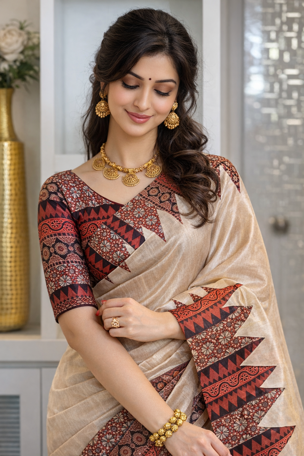 Soft Tussar Silk sarees with Beautiful Print With Attractive Pallu And Contrast Print Blouse With Tassels