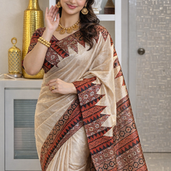 Soft Tussar Silk sarees with Beautiful Print With Attractive Pallu And Contrast Print Blouse With Tassels