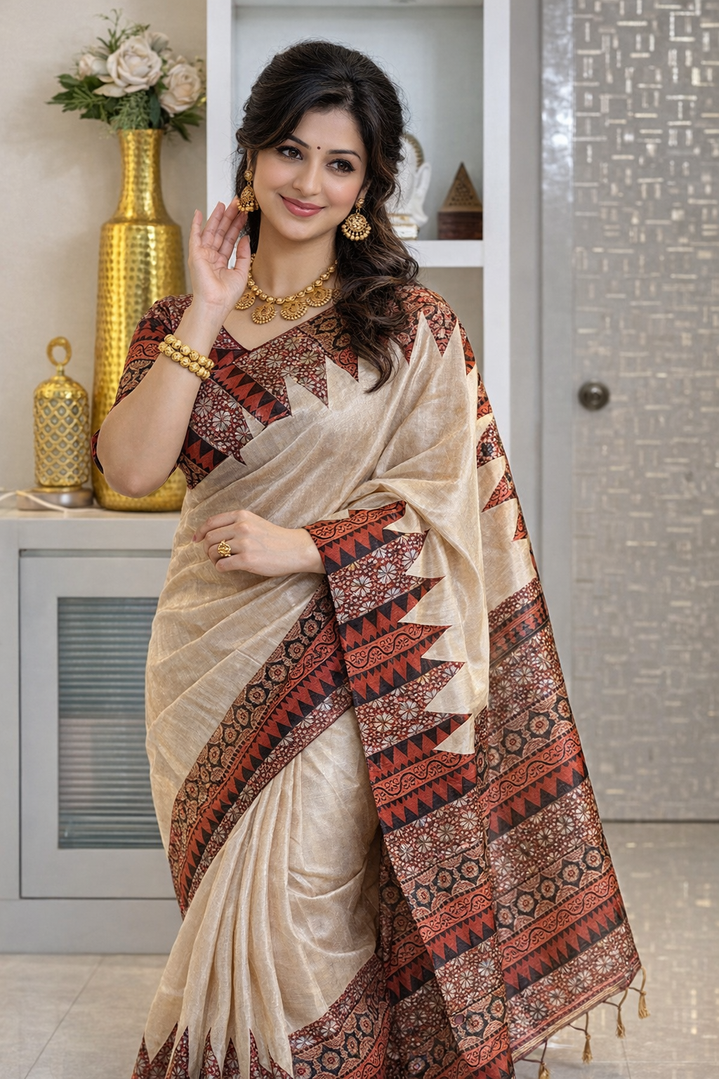 Soft Tussar Silk sarees with Beautiful Print With Attractive Pallu And Contrast Print Blouse With Tassels