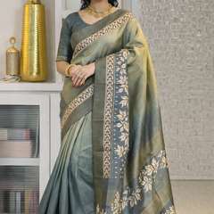 Elegant Olive Green Silk Saree with Gold Zari Floral Border & Rich Pallu