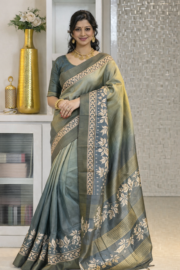 Elegant Olive Green Silk Saree with Gold Zari Floral Border & Rich Pallu