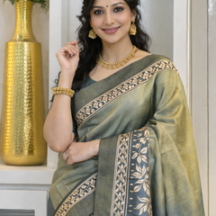 Elegant Olive Green Silk Saree with Gold Zari Floral Border & Rich Pallu