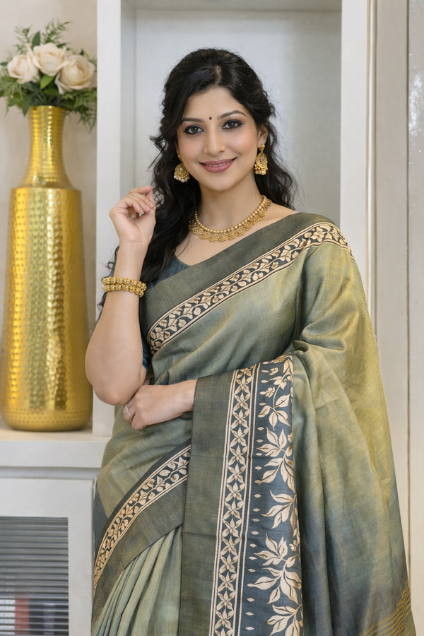 Elegant Olive Green Silk Saree with Gold Zari Floral Border & Rich Pallu