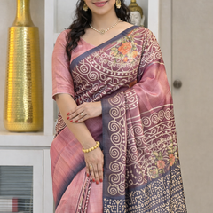 Soft Tussar Silk sarees with Beautiful Print With Attractive Zari Line Saree And Print Blouse With Tassels
