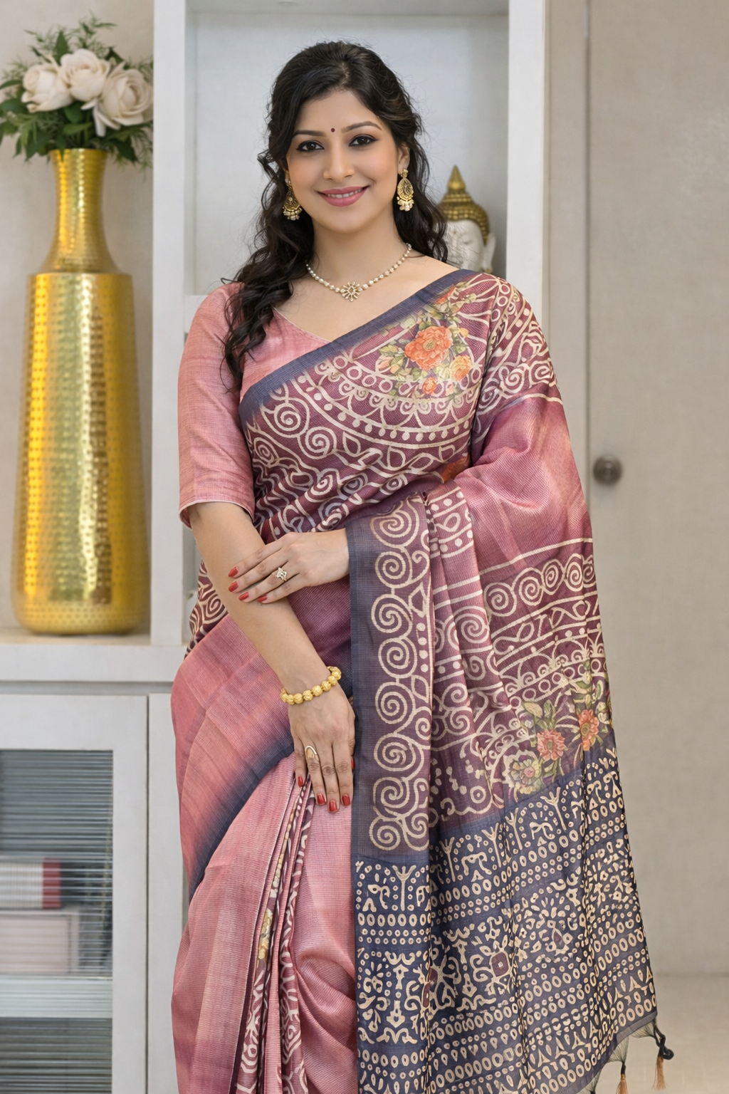 Soft Tussar Silk sarees with Beautiful Print With Attractive Zari Line Saree And Print Blouse With Tassels
