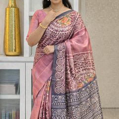 Soft Tussar Silk sarees with Beautiful Print With Attractive Zari Line Saree And Print Blouse With Tassels
