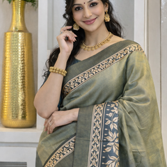 Elegant Olive Green Silk Saree with Gold Zari Floral Border & Rich Pallu