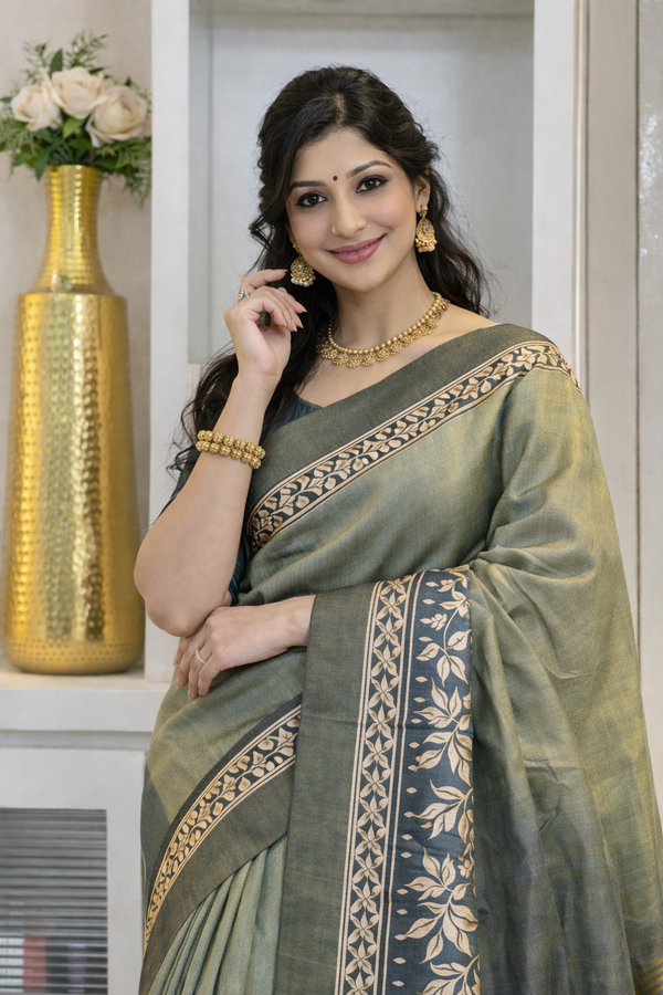 Elegant Olive Green Silk Saree with Gold Zari Floral Border & Rich Pallu