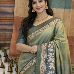 Elegant Olive Green Silk Saree with Gold Zari Floral Border & Rich Pallu