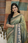 Elegant Olive Green Silk Saree with Gold Zari Floral Border & Rich Pallu