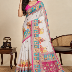 Elegant Handcrafted Linen Saree with Multicolor Folk Art Print, Contrast Border & Rich Pallu