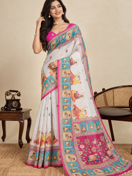Elegant Handcrafted Linen Saree with Multicolor Folk Art Print, Contrast Border & Rich Pallu