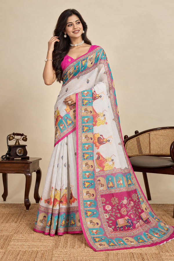 Elegant Handcrafted Linen Saree with Multicolor Folk Art Print, Contrast Border & Rich Pallu
