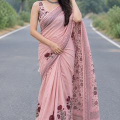 Elegant Pastel Pink Floral Printed Linen Cotton Saree with Designer Border & Pallu