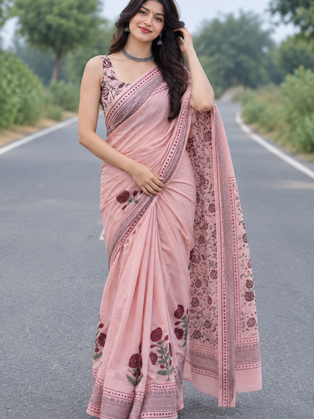 Elegant Pastel Pink Floral Printed Linen Cotton Saree with Designer Border & Pallu