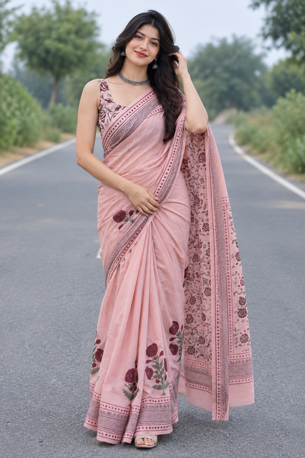 Elegant Pastel Pink Floral Printed Linen Cotton Saree with Designer Border & Pallu