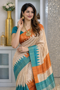 Premium Tussar Silk Printed Saree with Contrast Pallu