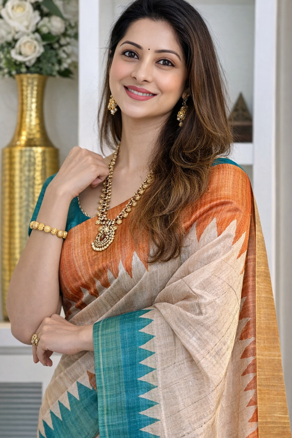 Premium Tussar Silk Printed Saree with Contrast Pallu