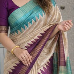 Elegant Tussar Silk Saree with Zig-Zag Border & Contrast Pallu