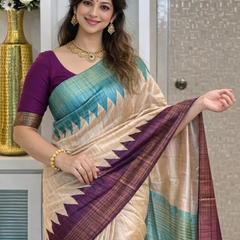 Elegant Tussar Silk Saree with Zig-Zag Border & Contrast Pallu