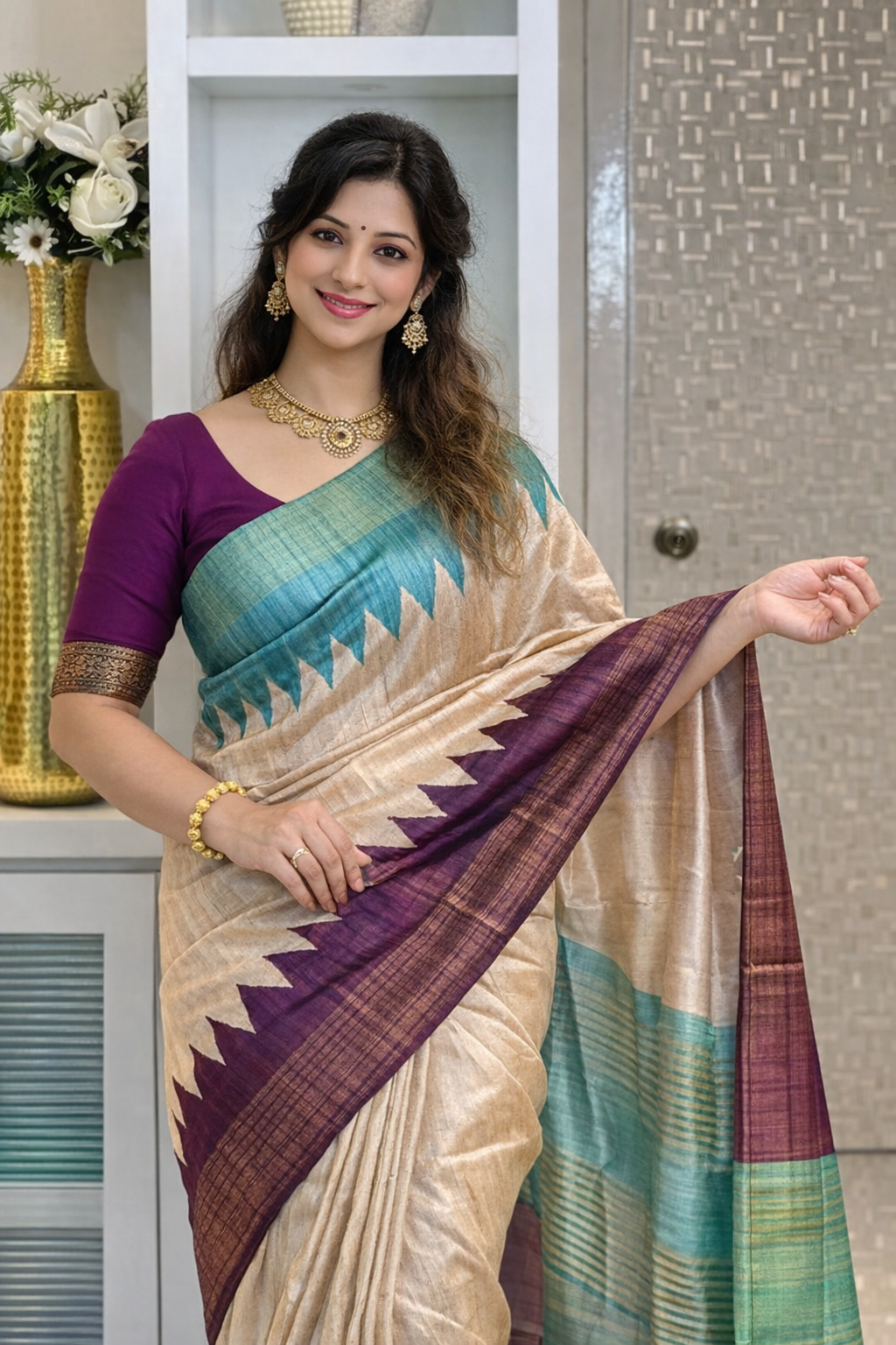 Elegant Tussar Silk Saree with Zig-Zag Border & Contrast Pallu