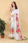 Premium Printed Linen White Saree with Blouse Piece