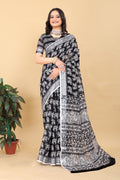 Black & White Printed Cotton Saree with Elephant Motifs