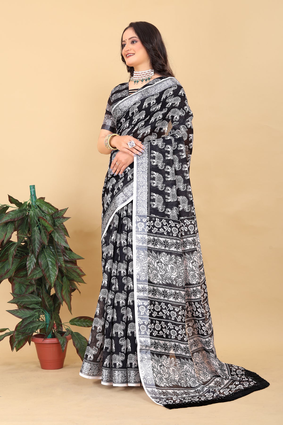 Black & White Printed Cotton Saree with Elephant Motifs