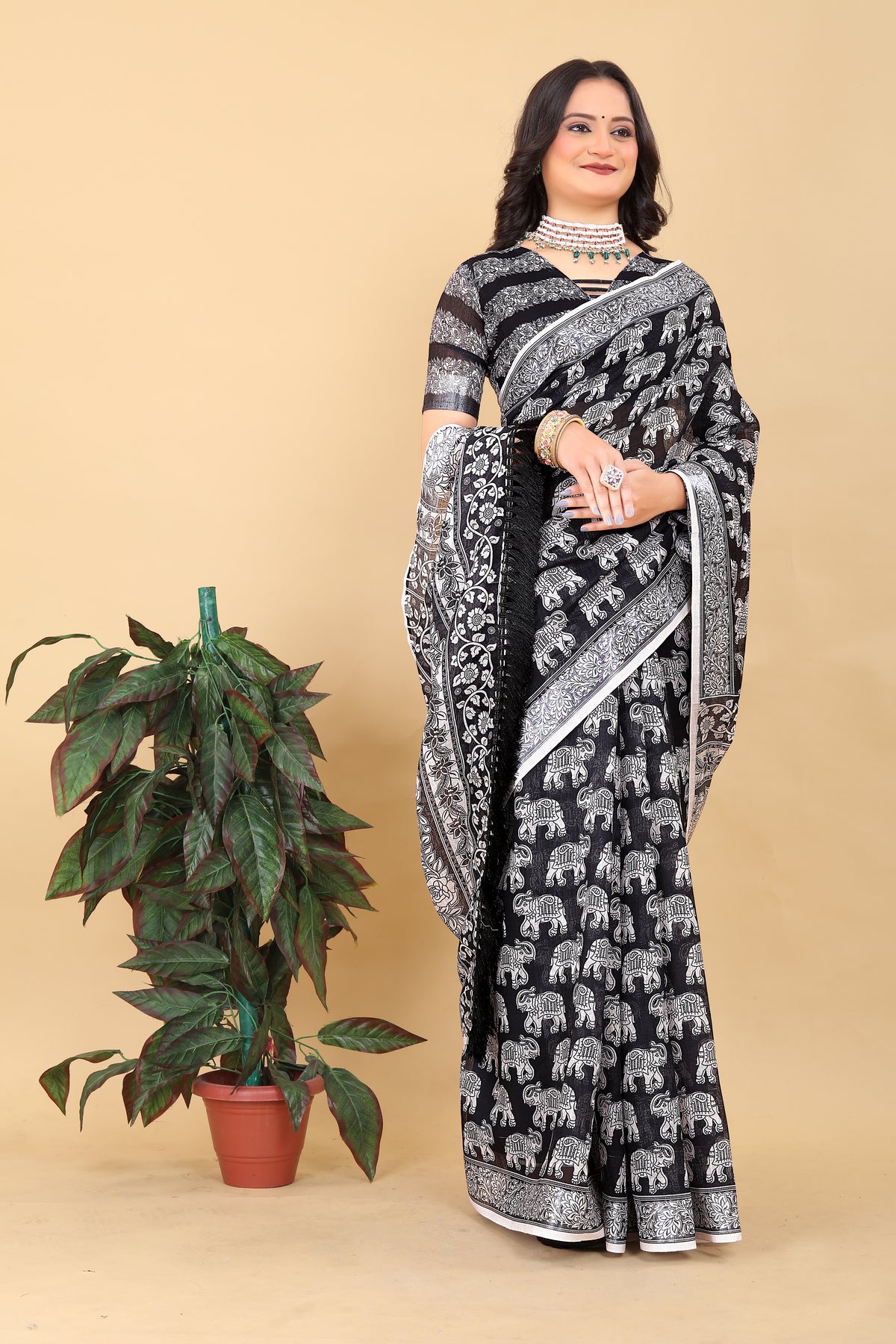 Black & White Printed Cotton Saree with Elephant Motifs