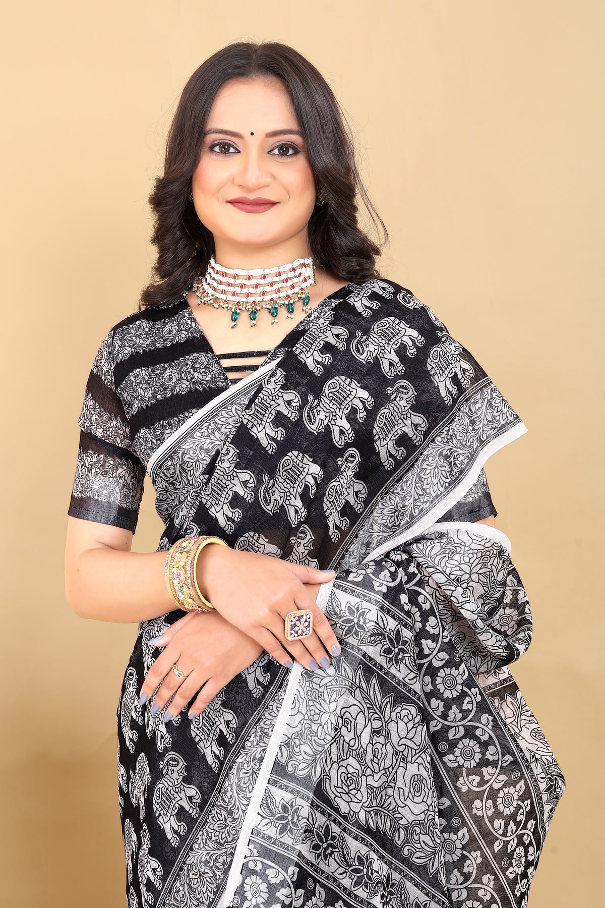 Black & White Printed Cotton Saree with Elephant Motifs