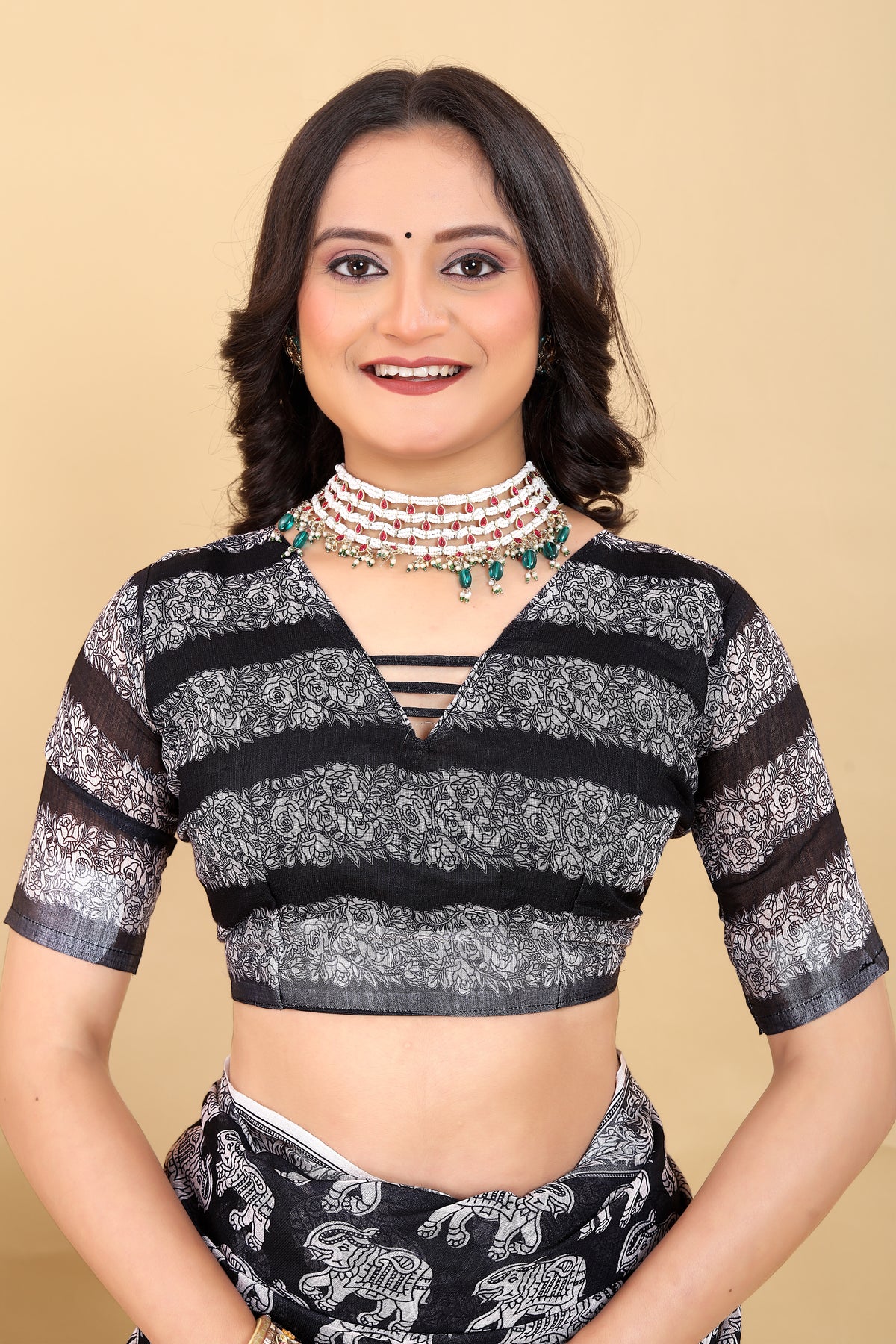 Black & White Printed Cotton Saree with Elephant Motifs
