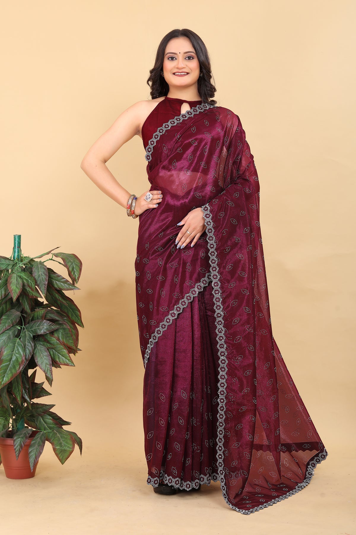 Elegant Peach Net Saree with Pink Lace Border