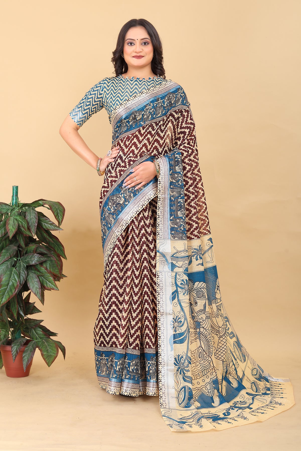 Traditional Kalamkari Printed Saree with Zigzag Pattern
