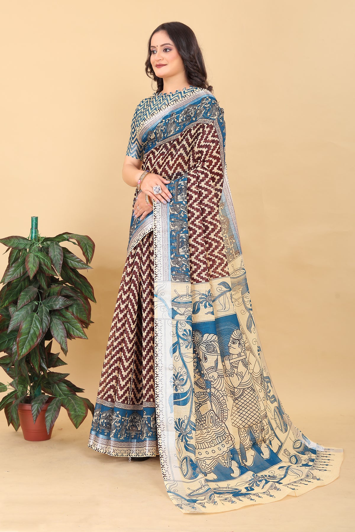 Traditional Kalamkari Printed Saree with Zigzag Pattern