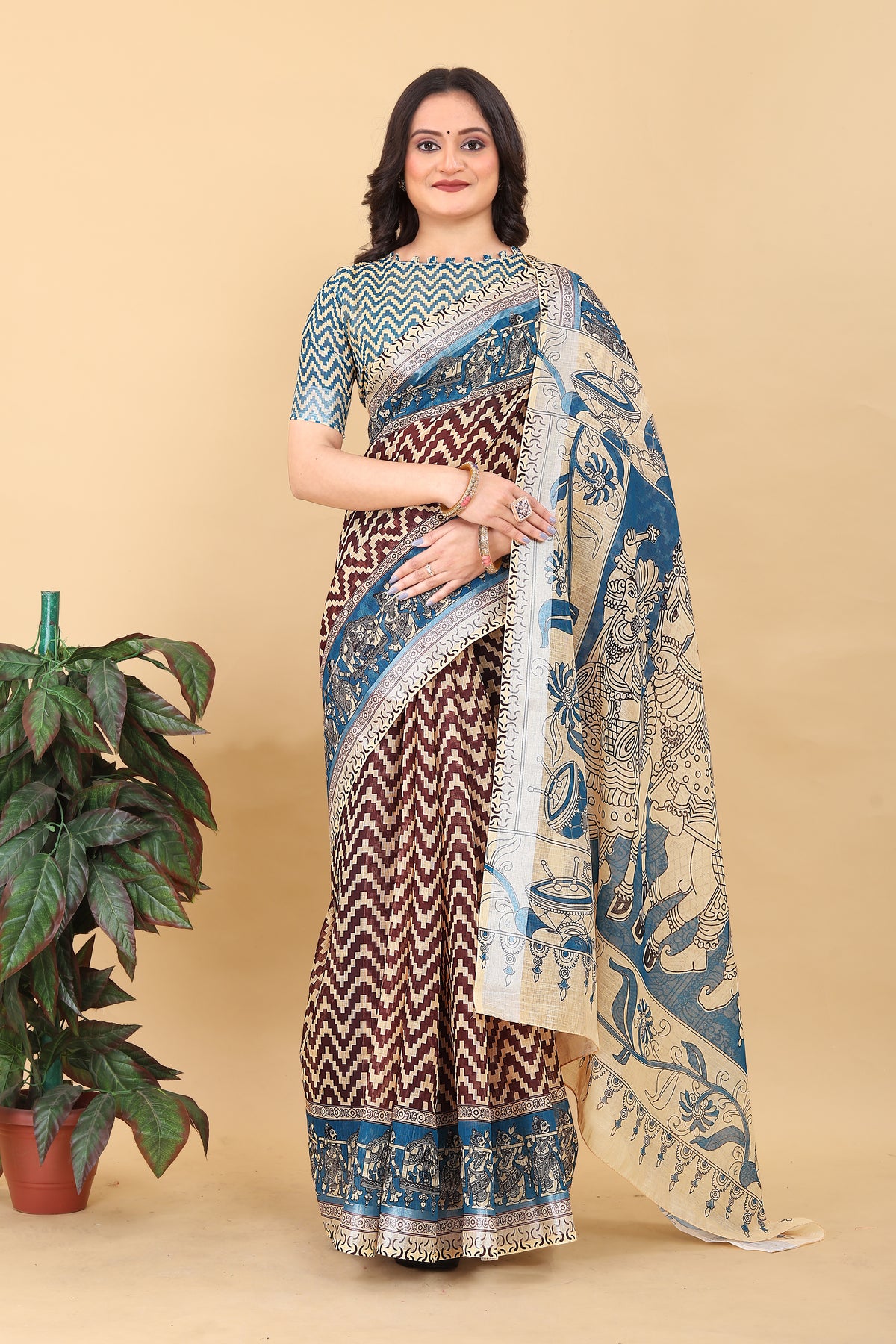 Traditional Kalamkari Printed Saree with Zigzag Pattern