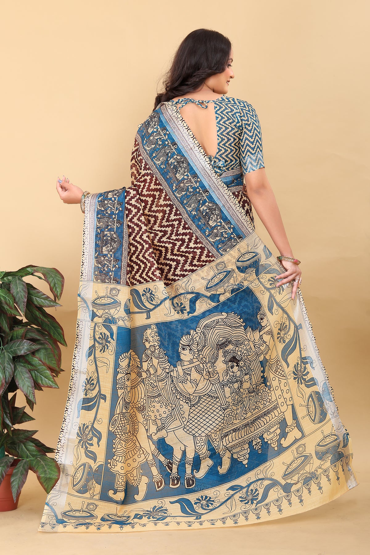 Traditional Kalamkari Printed Saree with Zigzag Pattern