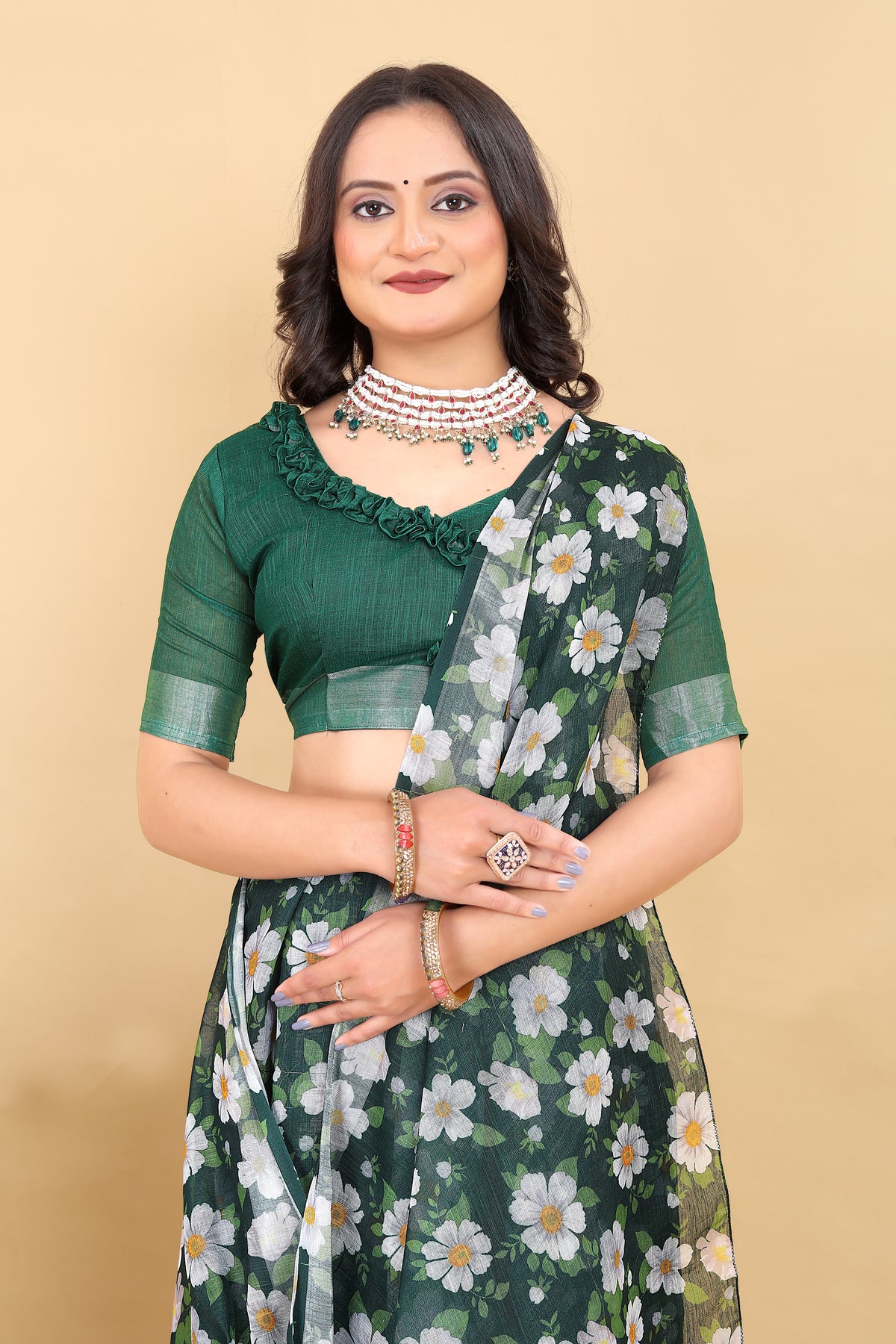 Fresh Bloom Dark Green Saree