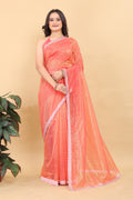 Elegant Peach Net Saree with Pink Lace Border