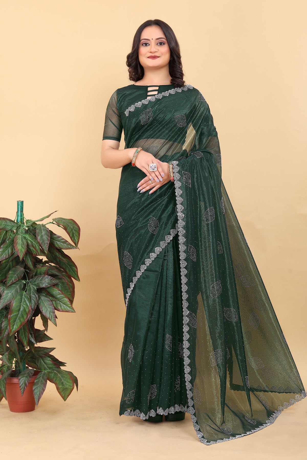 Elegant Dark Green Embroidered Saree with Net Detailing