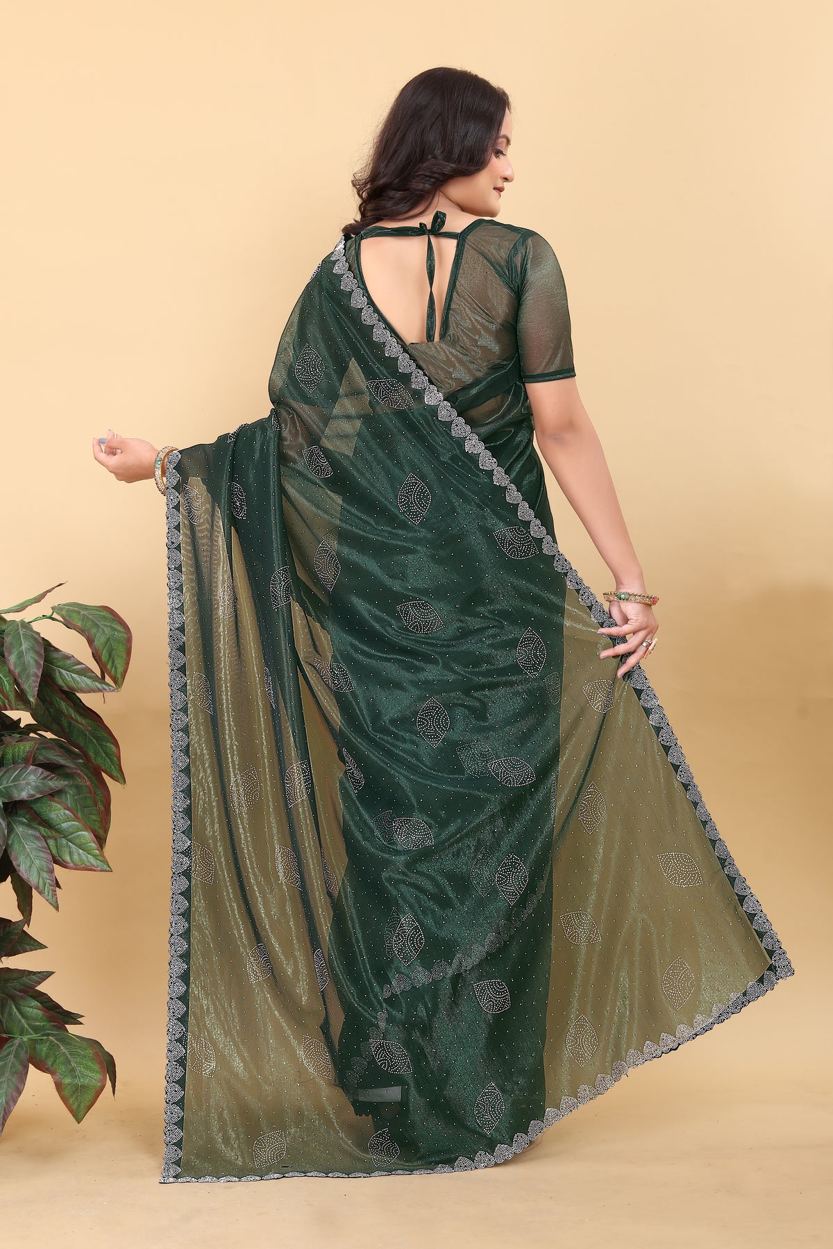 Elegant Dark Green Embroidered Saree with Net Detailing