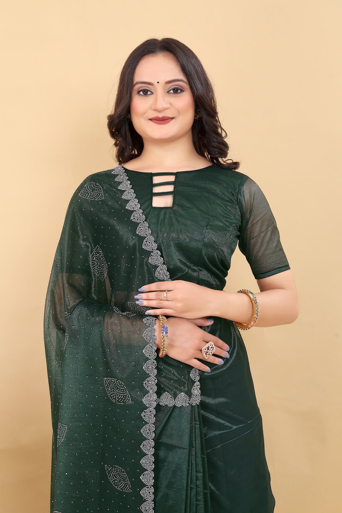 Elegant Dark Green Embroidered Saree with Net Detailing