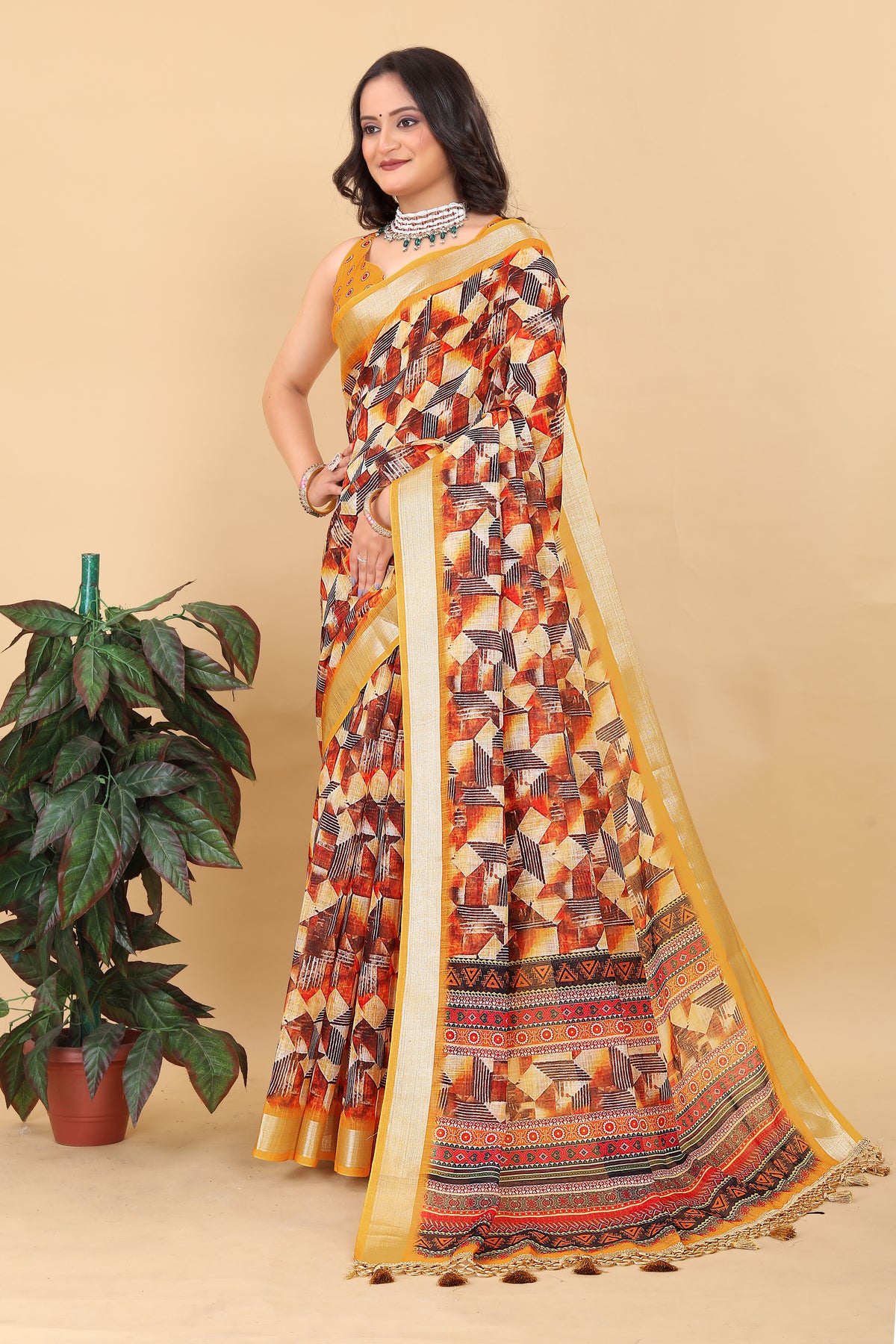 Elegant Geometric & Tribal Printed Saree with Golden Border