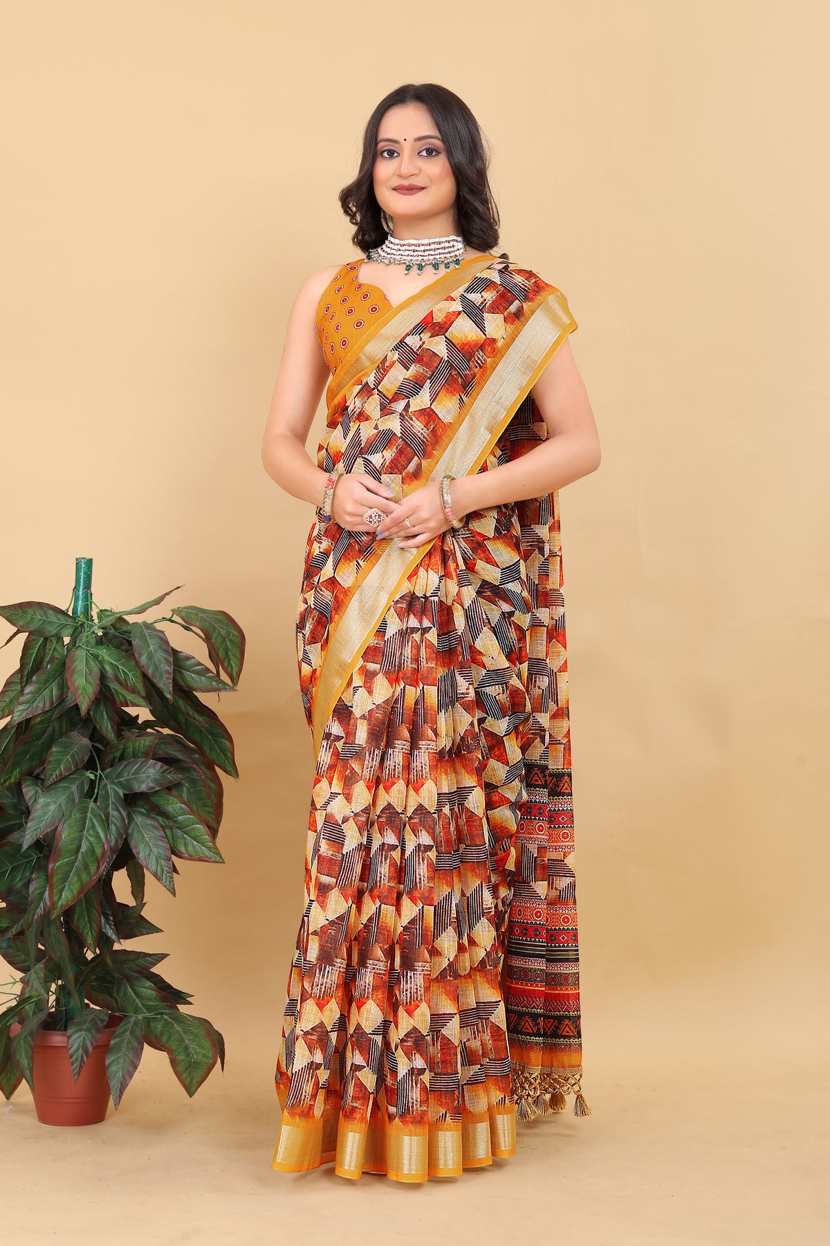 Elegant Geometric & Tribal Printed Saree with Golden Border
