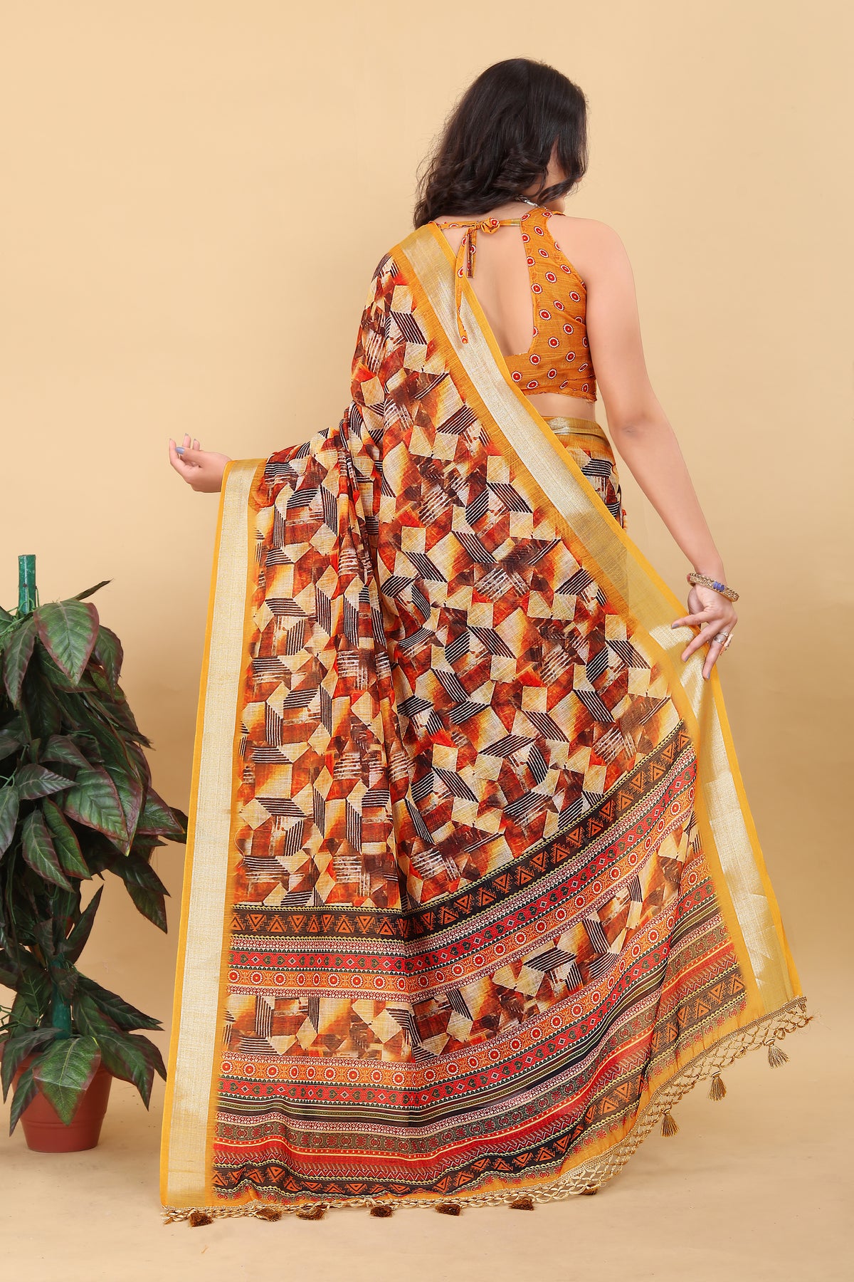 Elegant Geometric & Tribal Printed Saree with Golden Border