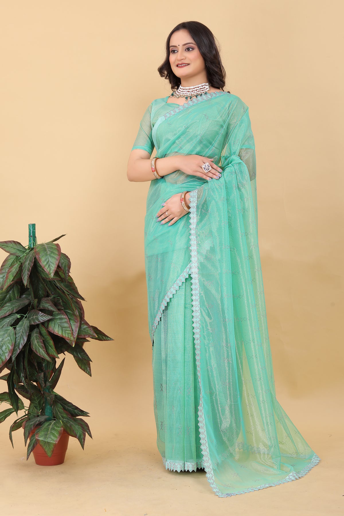 Elegant Mint Green Organza Saree with Subtle Detailing